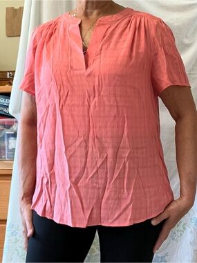Investments Coral-Pink Short Sleeve Split V-Neck Blouse